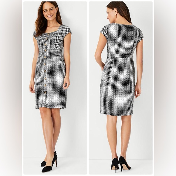 Ann Taylor Dresses & Skirts - NWT Ann Taylor Gingham Tweed Button Front Sheath Dress Women’s Size 8